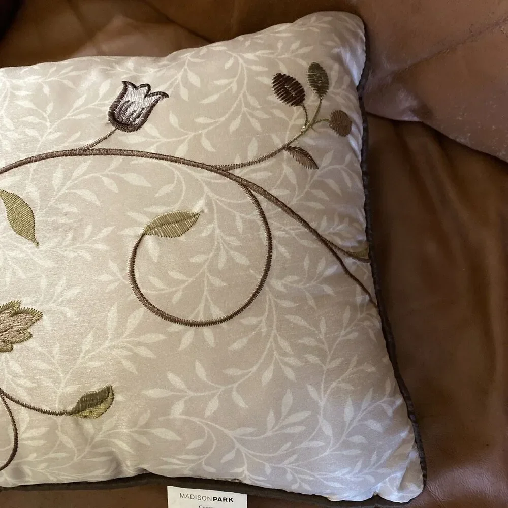 Madison Park Aqua & Brown Embroidered Leaf Floral Throw Pillow 15x11”